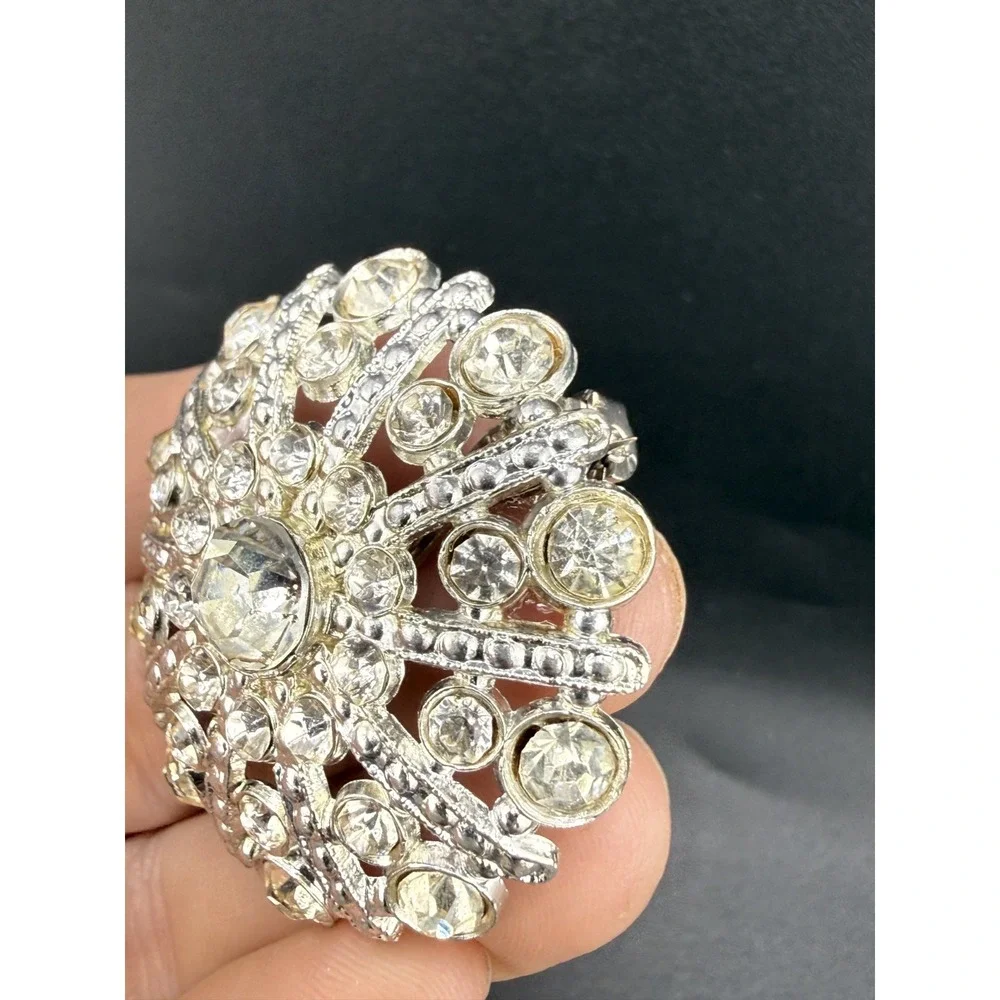 Vintage Rhinestone Brooch Pin Lot 3 Maple Leaf Swirl Dome Silver Tone